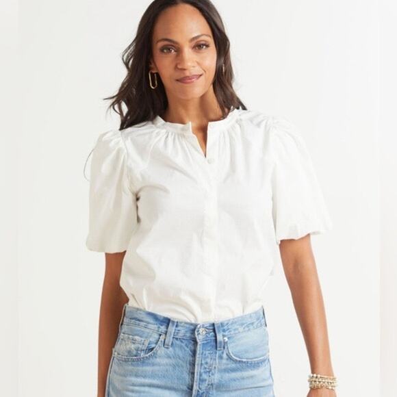 EVEREVE Felix Puff-Sleeve Poplin Button-Up Blouse in Black Size M Office Work - Picture 2 of 8